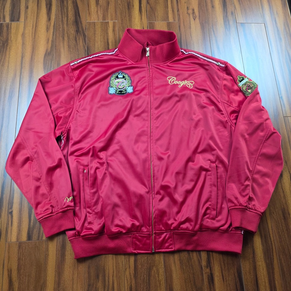 Coogi Mens Red Track Jacket Embroidered Crest Patch Full Zip Satin Finish XL Y2K
